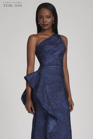 Teri Jon 217028 Jacquard One Shoulder Side Ruffle Gown