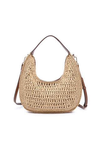 Tallulah Crossbody Moda Luxe Woven handbag with brown handle and strap on a white background