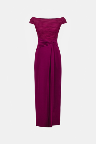 Silky Knit and Cascade Off-Shoulder Sheath Gown Ribkoff 261733F26