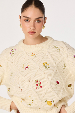 Rose Embroidered Diamond Knit Sweater ASTR ACT19542