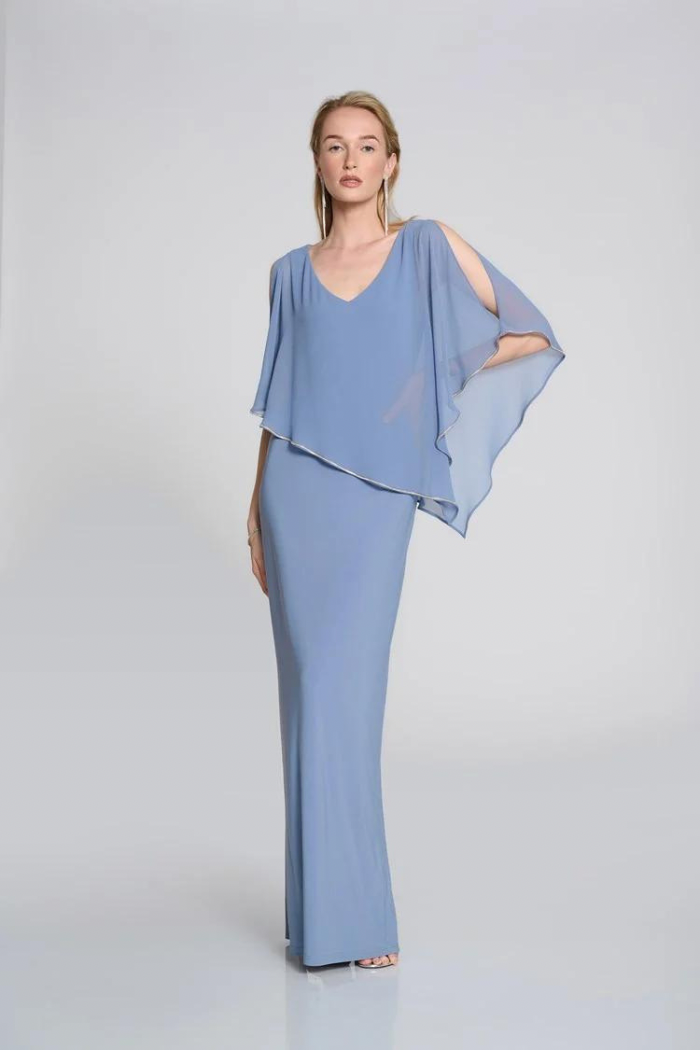 Silky Knit Chiffon Layered Gown with Cape