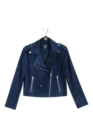 Clara Sunwoo Soft Suede - Architectural Moto Jacket - Navy JK26W Blue suede jacket on a hanger against a white background