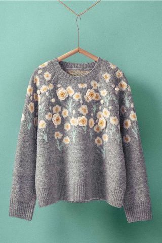 Daisy Embossed 3D Floral Knit Sweater - Grey UDSW0218
