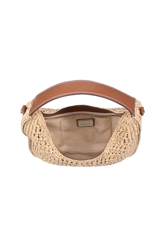 Tallulah Crossbody Moda Luxe Woven handbag with brown handle and strap on a white background
