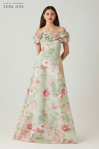 Teri Jon 269021 Taffeta Digital Print Off-Shoulder Gown
