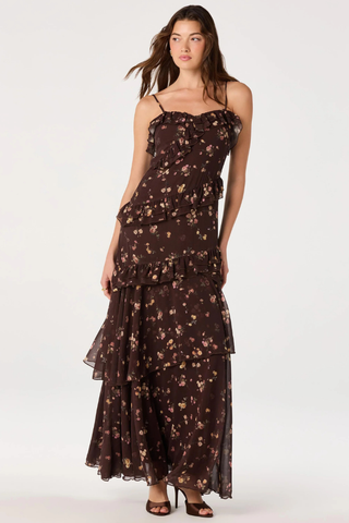 ASTR Journee Tiered Maxi Dress ACDR103524 Chocolate Floral