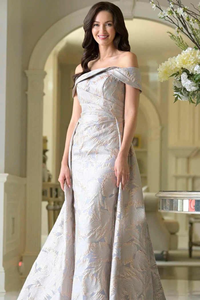 Marsoni MV1382 Jacquard Off-Shoulder Gown with Detachable Overskirt