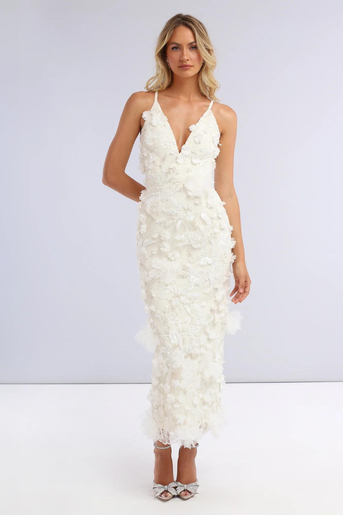 white floral long dress Renesmee White Floral Satin Maxi Dress - US 14