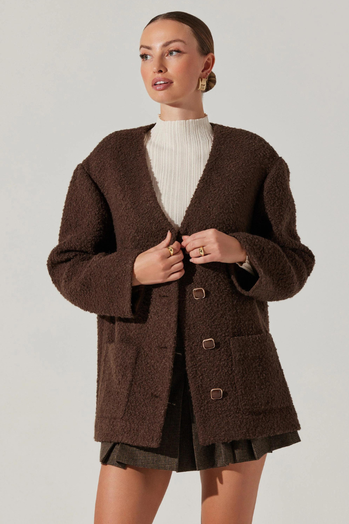Maidy Boucle V-Neck Coat - Brown Maidy Boucle V-Neck Coat - Brown