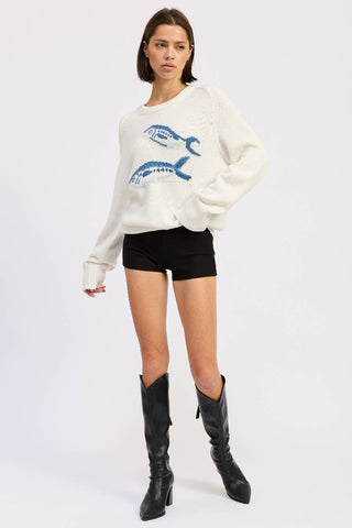 Long Sleeve Knitted Graphic Sardine Sweater IPJ3766T