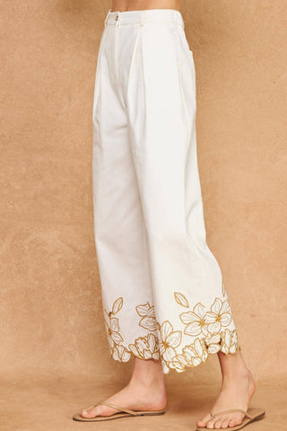 Strut & Bolt Floral Cut-Out Embroidery Twill Pants Off White P-3581-P