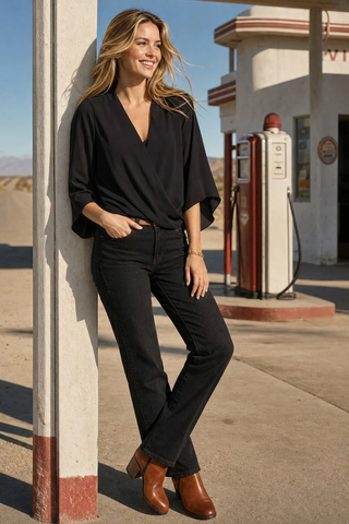 Bracelet Sleeve Drape Front Crossover Top - Black Karen Kane 3L25021 Black