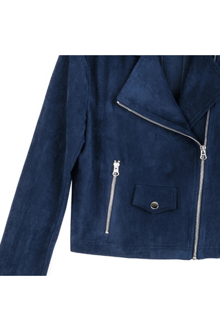 Clara Sunwoo Soft Suede - Architectural Moto Jacket - Navy JK26W Blue jacket with zippers on a white background