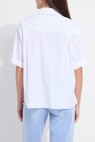Lysse 21-3836-M4 Corinna Oversized Cropped Shirt Person wearing a white shirt and light blue jeans on a plain background