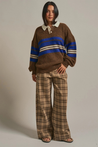 Striped Rugby Polo Sweater with Contrast Collar Urban Daizy UDSW0379