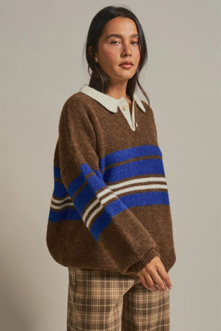 Striped Rugby Polo Sweater with Contrast Collar Urban Daizy UDSW0379