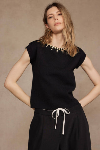 Strut & Bolt Pearl Jeweled Trim Knit Top - Black SSB-TK-40086-L-2
