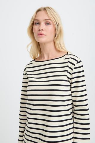 Woman wearing a black and white striped long-sleeve shirt against a plain background b. young BYSaima Boatneck T-Shirt 