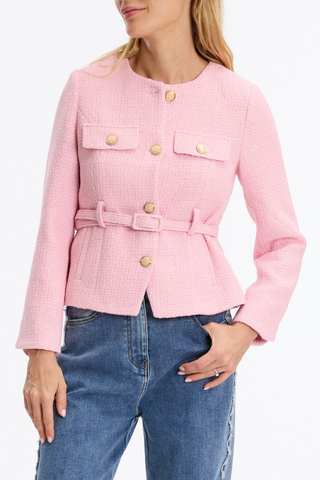 Leo & Ugo KE376 Salomé Elegant Belted Jacket - Pink Pink jacket with gold buttons worn by a person on a white background
