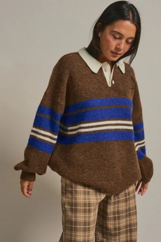 Striped Rugby Polo Sweater with Contrast Collar Urban Daizy UDSW0379