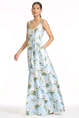 Aurora Gown - Sky Camellia S262G21-458 Woman wearing a floral dress on a white background
