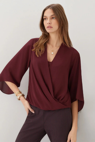 Bracelet Sleeve Drape Front Crossover Top - Wine Karen Kane 3L25021 Wine