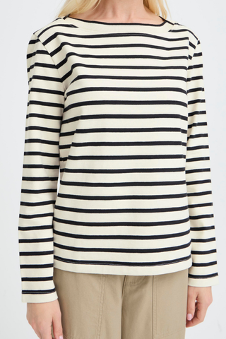 Person wearing a black and white striped long-sleeve shirt on a plain background b. young BYSaima Boatneck T-Shirt 