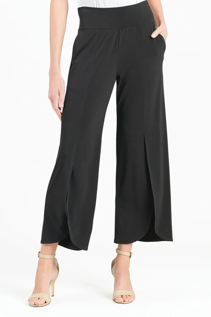 Wrinkle-Free Front Slit Petal Ankle Pants – Silky Soft Travel Knit (Black)