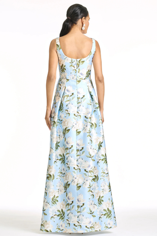 Aurora Gown - Sky Camellia S262G21-458 Woman wearing a floral dress with a white background