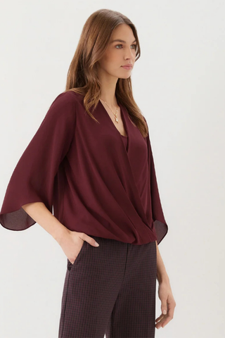 Bracelet Sleeve Drape Front Crossover Top - Wine Karen Kane 3L25021 Wine