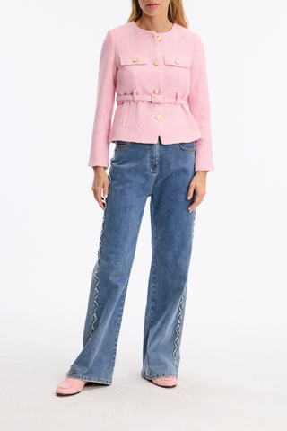 Leo & Ugo KE376 Salomé Elegant Belted Jacket - Pink Person wearing a pink jacket and blue jeans on a white background
