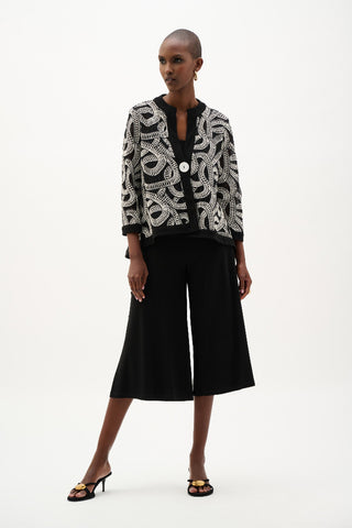 Ribkoff 262207 Novelty Mesh Abstract Print Swing Jacket  Woman wearing a patterned jacket and black pants on a white background