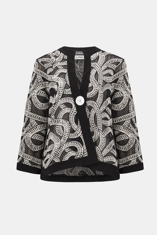 Ribkoff 262207 Novelty Mesh Abstract Print Swing Jacket  Black and white patterned cardigan on a white background