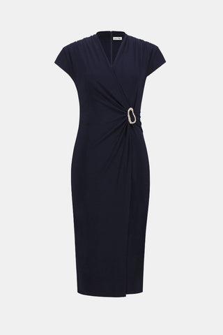 Ribkoff 262715 Signature | Silky Knit Wrap Sheath Dress With Rhinestone Detail Navy blue dress with a belt on a white background