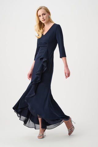 Joseph Ribkoff Scuba Crepe Chiffon Ruffled Trumpet Gown Midnight Blue Maxi – The Dressing Room