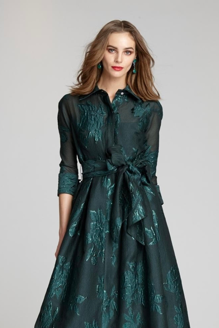 Teri Jon Metallic Jacquard Shirtdress With Floral Print
