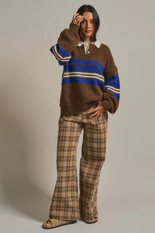 Striped Rugby Polo Sweater with Contrast Collar Urban Daizy UDSW0379