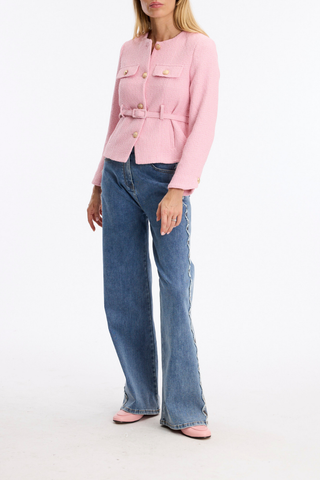 Leo & Ugo KE376 Salomé Elegant Belted Jacket - Pink Woman wearing a pink jacket and blue jeans on a white background