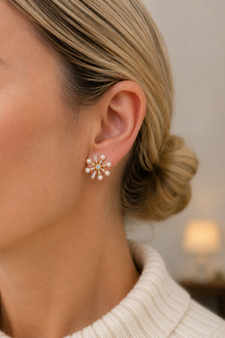 27035-E Gold Pearl Starburst Stud Earrings