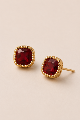 27289-E Garnet Beaded Cushion Stud Earrings