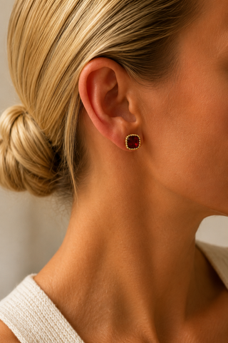 27289-E Garnet Beaded Cushion Stud Earrings
