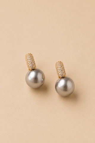 27325-E Pavé & Grey Pearl Huggie Earrings