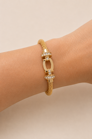 27501-B Crystal Buckle Mesh Bracelet – Gold