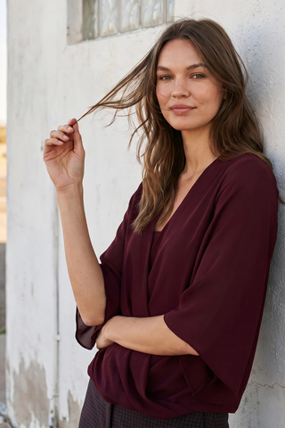 Bracelet Sleeve Drape Front Crossover Top - Wine Karen Kane 3L25021 Wine