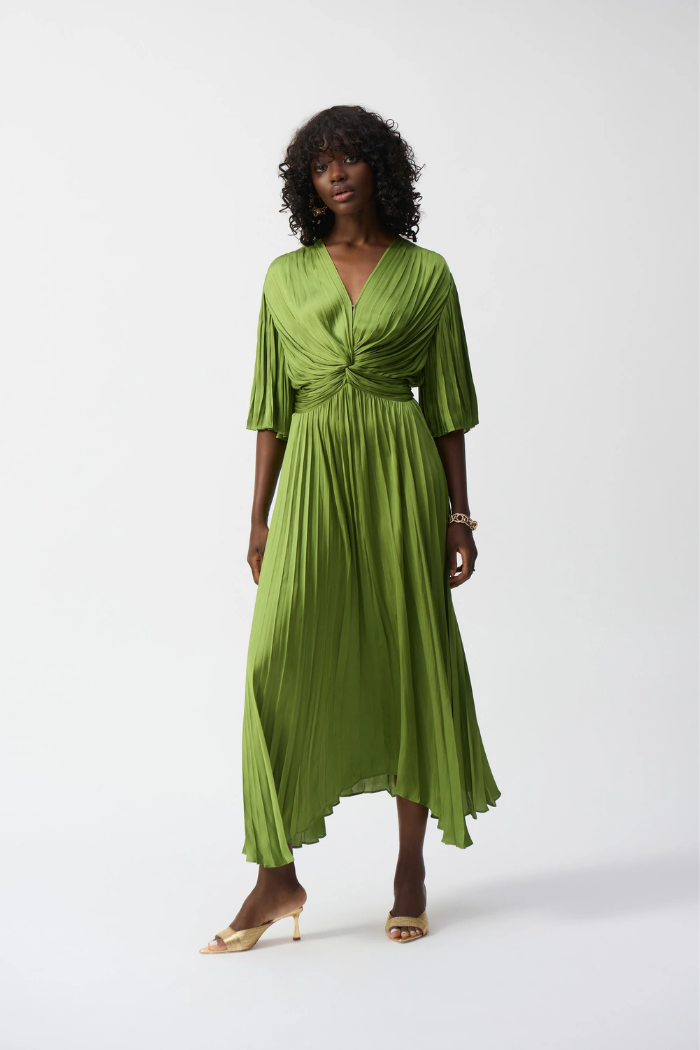 satin plisse midi dress Volta belted pliss satin midi dress in black - Joseph