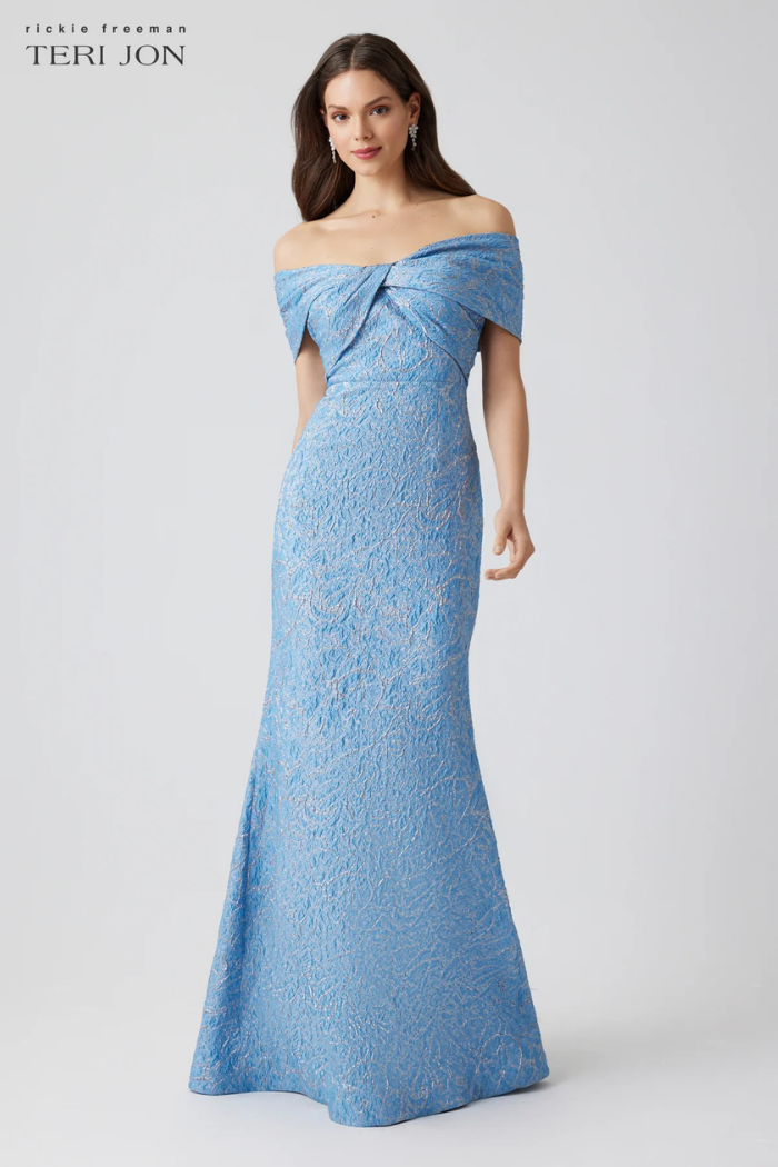 Teri Jon Off-Shoulder Twist Bust Mermaid Gown Teri Jon Off-Shoulder Twist Bust Mermaid Gown