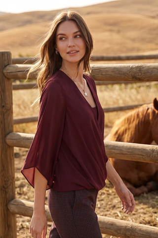 Bracelet Sleeve Drape Front Crossover Top - Wine Karen Kane 3L25021 Wine