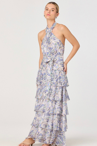 ASTR the Label | Adamaris Floral Ruffle Halter Maxi Dress in Blue Floral | Size M ASTR the Label | Adamaris Floral Ruffle Halter Maxi Dress in Blue Floral | Size M