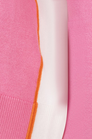 EsQualo SP2607009 Pink Fine Knit Crew Neck Sweater with Contrast Detail  Close-up of a pink garment with orange trim on a white background