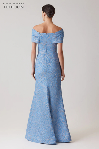 Teri Jon 259087 Jacquard Twist Bust Off Shoulder Mermaid Gown